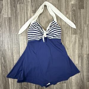 Cocoship Blue White Halter One Piece Skirted Swimdress Swimsuit 2XL Retro Pinup
